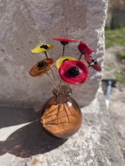 BOUQ006 - Bouquet de fleurs en verre de Murano composé d'un vase et sept petits coquelicots Bouquet de fleurs en verre